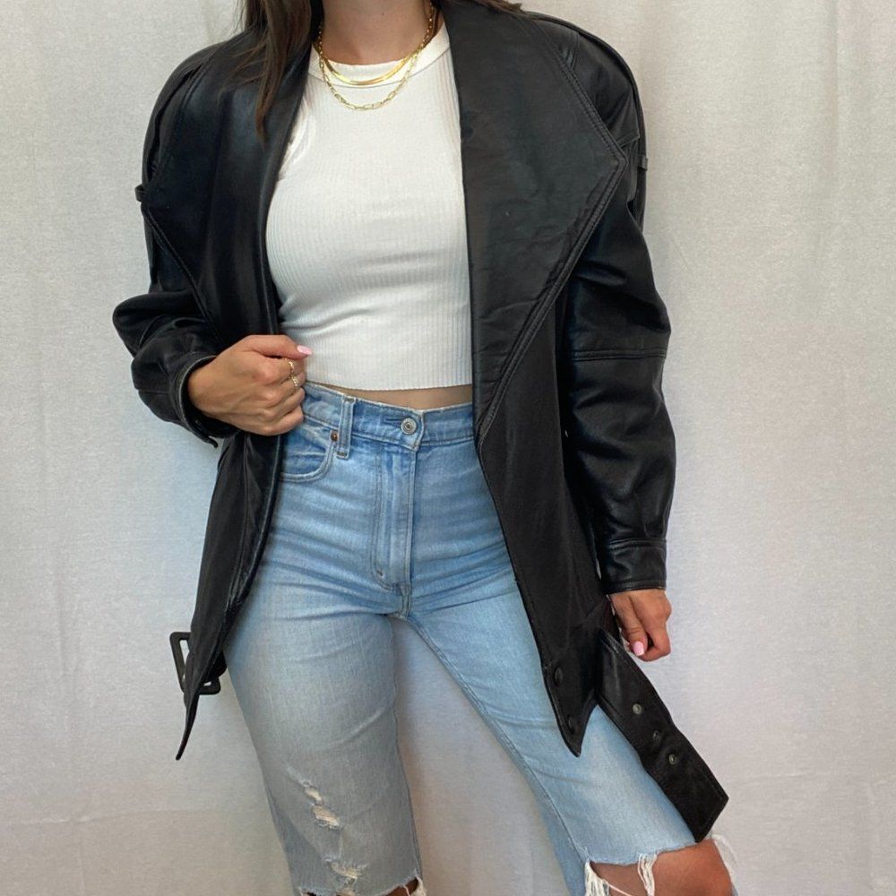 Mario Zarelli Vintage Retro Black Leather Oversized Moto Biker Jacket